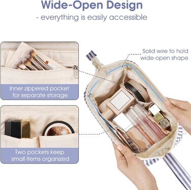 Косметичка жіноча Narwey для подорожей: велика, з широким відкриванням (сіро-блакитна смугаста)