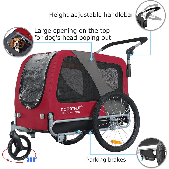 DOGGYHUT® Преміум великий велосипедний причіп для собак 2 в 1 / візок-бігунок для собак / великий причіп для собак, 270 л, до 35 кг (червоний / чорний)