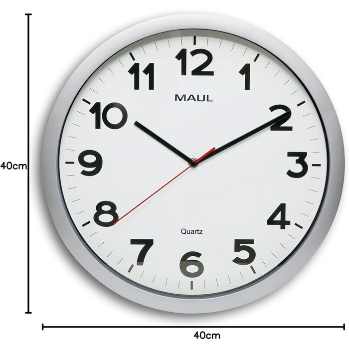 Maul Wanduhr MAULstep Ø 40 cm | Quartz clock with automatic time setting | Modern clock for office and kitchen | Large wall clock with good readability in large rooms | Silver