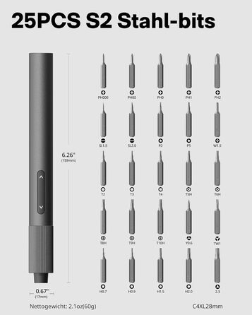 Набір викруток HOTO Feinmechaniker: електричний, магнітний, прецизійний. Для ремонту годинників, окулярів, телефонів, ПК. 170 об/хв, C4 × 28 мм