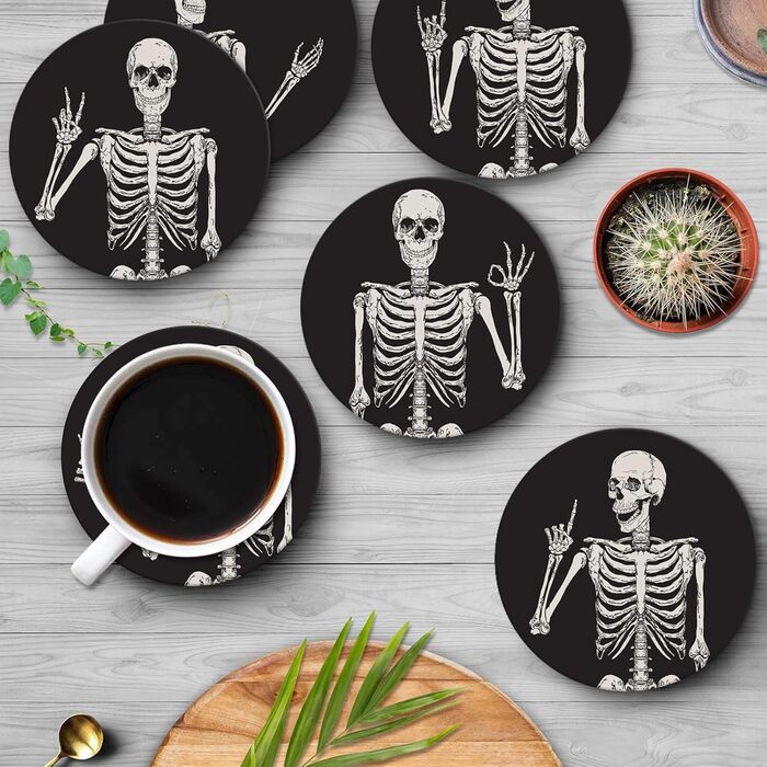 Britimes Drink Coasters, Set of 6, White Marble, Inspiring Love, Absorbent, Round, Ceramic-Stone Mat, with Cork Bottom and Metal Holder, Housewarming Gift, Bar, Decor (Skeleton)