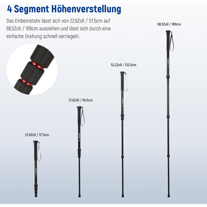 NEEWER Монопод 155 см для камери: легкий, портативний, з адаптерами 1/4' та 3/8' для DSLR та відеокамер, витримує до 8 кг