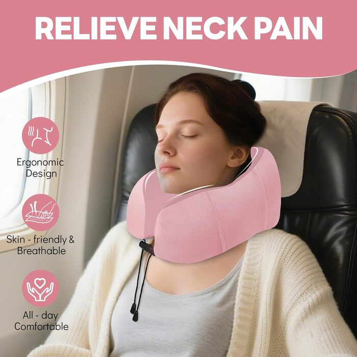 Подушка для шиї у літак - подушка для подорожей Memory Foam, ергономічна форма - подушка для шиї з маскою для сну, навушниками, сумкою - ідеальна для літака, подорожей, офісу, дому Рожева