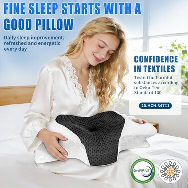 Подушка для шиї SAHEYER з Memory Foam, ортопедична, ергономічна, для тих, хто спить на боці, 60 x 35.5 x 10/13 см (Сіра)