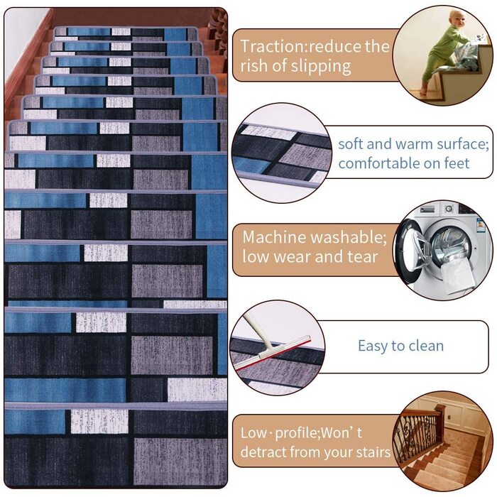 Сходинкові килимки (20,3 x 76,2 см) 13 шт. з антиковзким покриттям та PVC-підкладкою. У комплекті додаткове клейове стрічкове покриття