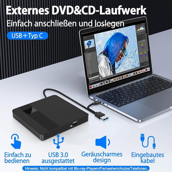 Зовнішній USB 3.0 Type-C CD/DVD привід-записувач (DVD +/-RW), портативний для ноутбука, ПК та Mac (Windows, Linux, macOS), чорний