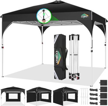 COBIZI Folding Gazebo 3x3, 3x3 Gazebo Waterproof Stable One Push UV Protection Outdoor Party Tent Corrugated Eaves Festival Tent Tent Garden Gazebo Pavilion Folding 3x3m With Carry Bag, (Black, 3x3 with 3 Side Walls)