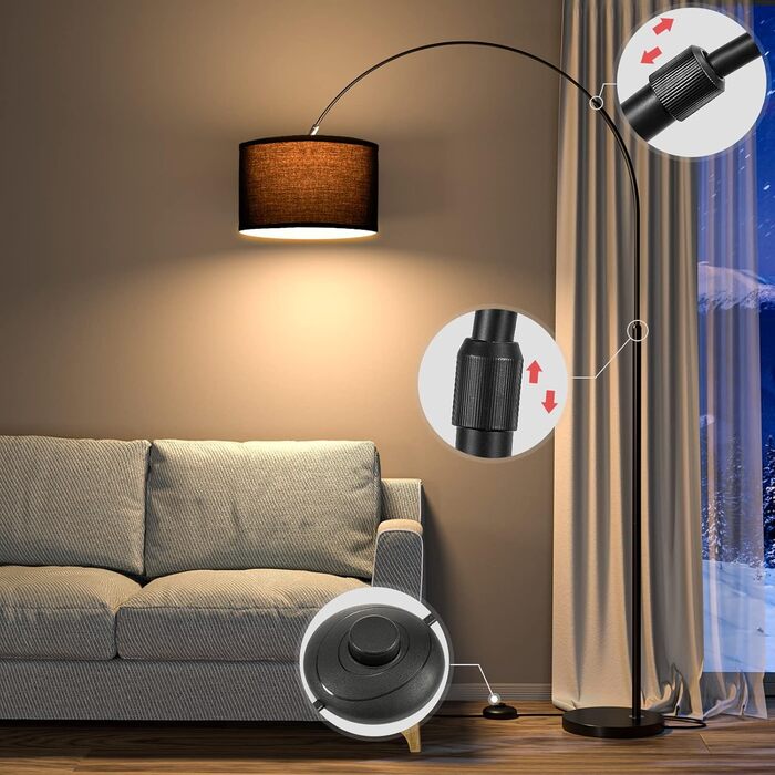 Торшер для вітальні JASMIN I з LED E27, чорний абажур 33 см, з вимикачем на нозі, торшер-арка, вінтажний стиль, підходить для спальні, готелю