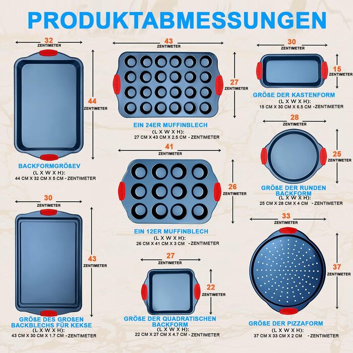 Набір форм для випічки Nutrichef 10 шт. з антипригарним покриттям – для випічки солодкого (печиво) та солоного (піца) – з вуглецевої сталі, без PFOA та PTFE, з силіконовими ручками (круглі/квадратні)