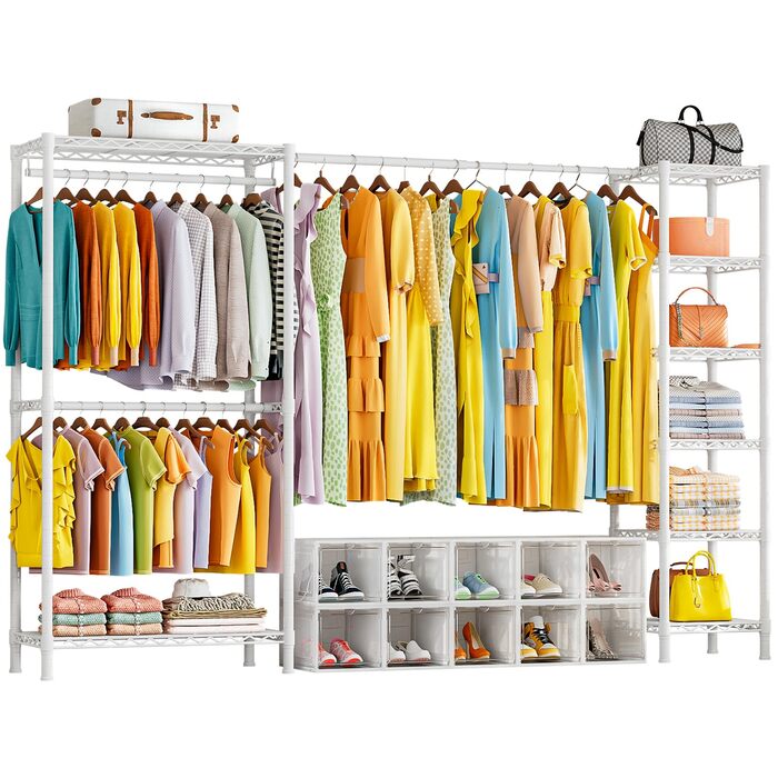 Розширюваний вішак для одягу, металевий гардеробний стійка з регульованими полицями (білий)