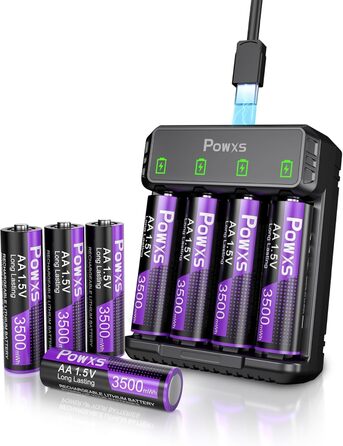 Акумулятори POWXS 8x 3500mAh AA Lithium з 8-порідним швидким зарядним пристроєм з LCD-дисплеєм | Швидка зарядка та стабільна напруга 1.5V | Для геймпадів, LED-ліхтарів, пультів дистанційного керування