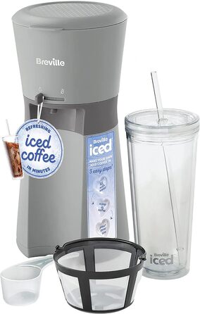 Електрична кавомашина для холодної кави Breville VCF155, індивідуальна порція, чашка з трубочкою, приготування до 4 хвилин, сіра