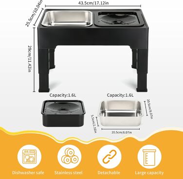 Підвищений годівниця для собак PETTOM (2 x 1.6L), 4 положення регулювання висоти, годівниця з нержавіючої сталі та миска для води без розливання, складна та антиковзаюча годівниця для собак великих та малих порід, годівниця для собак з нержавіючої сталі