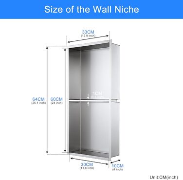 KINKIBOS Recessed Shower Niche, Stainless Steel, No Tiles Required, Built-in Shower Niche 60 x 30 x 10 cm, Shower Niche with Double Shelf Storage