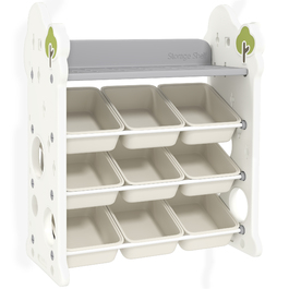 AIYAPLAY 4-Tier Kids Bookshelf with 9 Removable Boxes, Shelf, Hooks, Kids Room Shelf for Kindergarten, Playroom, 77 x 42 x 94 cm, Cream White | Aosom