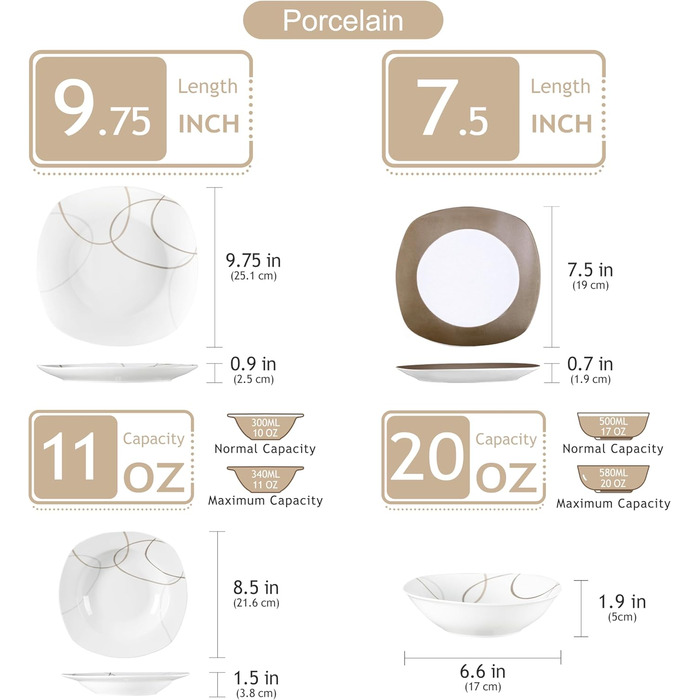 VEWEET Сервіз столовий 'Нікіта' з порцеляни, 24 елементи | Комплект посуду включає миски, десертні тарілки, тарілки для їжі та супові тарілки | Сервіз для 4-12 осіб, 24 елементи