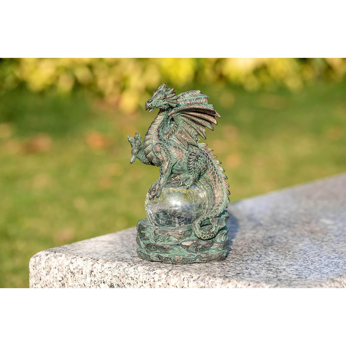 TERESA'S COLLECTIONS 22cm Garden Dragon Figurine with Solar Light, Garden Statue Solar Glass Balls Lighting Waterproof Bronze Resin Garden Figures for Outdoors, Lawn Gifts for Women