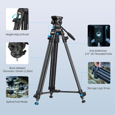 SMALLRIG штатив відео 158 см з fluid-головкою 360°, легкий штатив для камери з алюмінієвого сплаву, QR-плата, підйомний трос, для DSLR, відеокамер, 5 кг, AD-50Lite - 4684