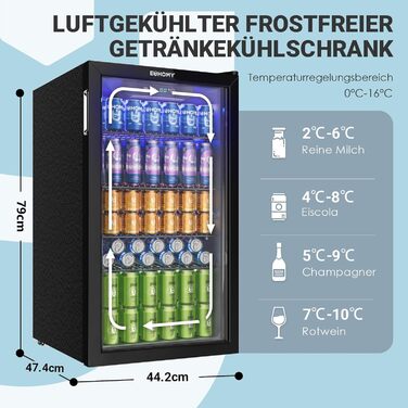 Міні-холодильник EUHOMY на 126 банок з дверцятами зі скла, чорний, з регульованими полицями, 90л, для дому/бару/офісу