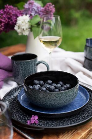 MÄSER Filippa: 16-Piece Ceramic Dinner Set for 4 - Modern Blue & Black Reactive Glaze Stoneware