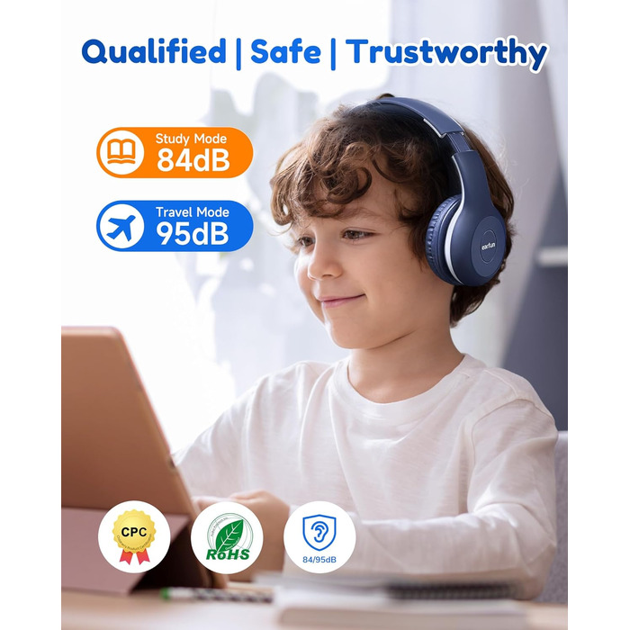 Бездротові навушники EarFun для дітей Bluetooth, регулювання гучності 85/94 дБ, Hi-Fi звук, HD-мікрофон, 40 годин роботи акумулятора, складні, регульовані, для школи/подорожей, блакитний