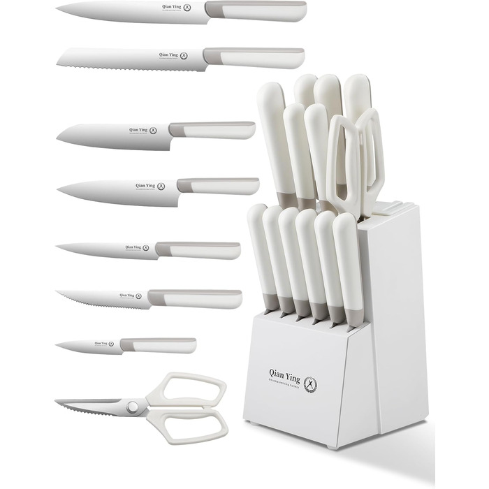 Набір кухонних ножів Qianying з блоком: 14 предметів, нержавіюча сталь, з точилкою, срібний колір, подарунок для мами