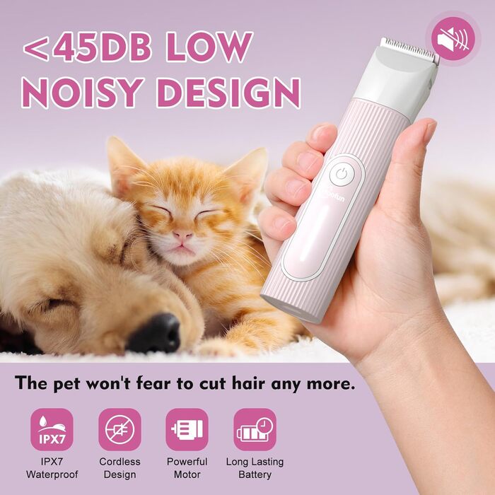 Професійна шерстьрізка для собак та котів Hoofun 4-в-1, IPX7, бездротова, з 4 насадками, для собак, котів, кроликів (біла/рожева)