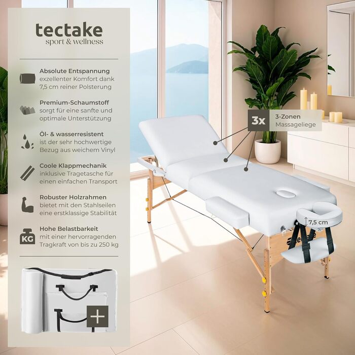 Масажний стіл Tectake® мобільний, склавний, з 3 зонами, 7,5 см товщина матрацу, регульована висота, підголовник та підлокітники, дерев'яні ніжки, сумка для перенесення (без масажних роликів, білий)