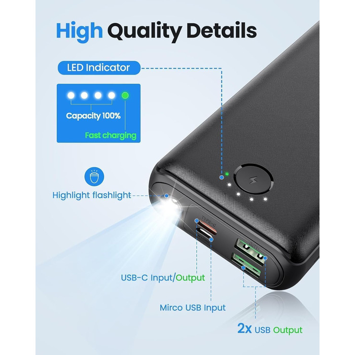 Power Bank JIGA 27000mAh 22.5W з PD 20W, USB-C, ліхтарик, чорний, сумісний з iPhone, Samsung, Huawei, iPad