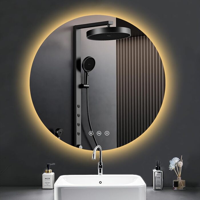 Дзеркало для ванної кімнати з підсвічуванням 70 см, LED дзеркало з підсвічуванням, 3 кольори світла, антизапарник, регульована яскравість, сенсорне управління, функція пам'яті, кругле, водонепроникне IP44, 70x70 см