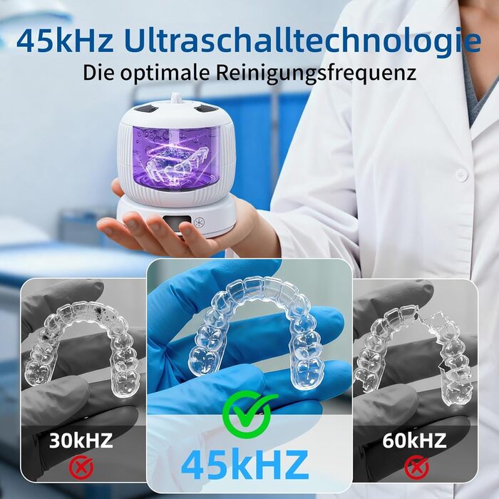 Ультразвуковий очищувач для зубних протезів, кап, брекетів та ювелірних виробів 200 мл, 45000 Гц, з УФ-лампою
