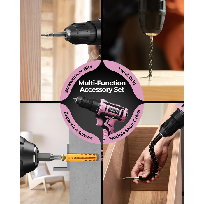 Акумуляторний дриль-шуруповерт 21V з 2 акумуляторами 2000mAh, 45Nm, 2 швидкості, 25+3 ступені крутного моменту, патрон 10мм, 27 предметний набір та кейс для дому та DIY (рожевий)