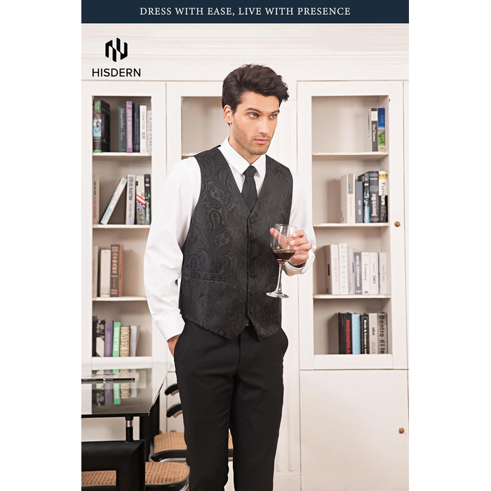 Чоловічий жилет та краватка Hisdern для весілля, жакардовий костюмний комплект, чорний, розмір XL