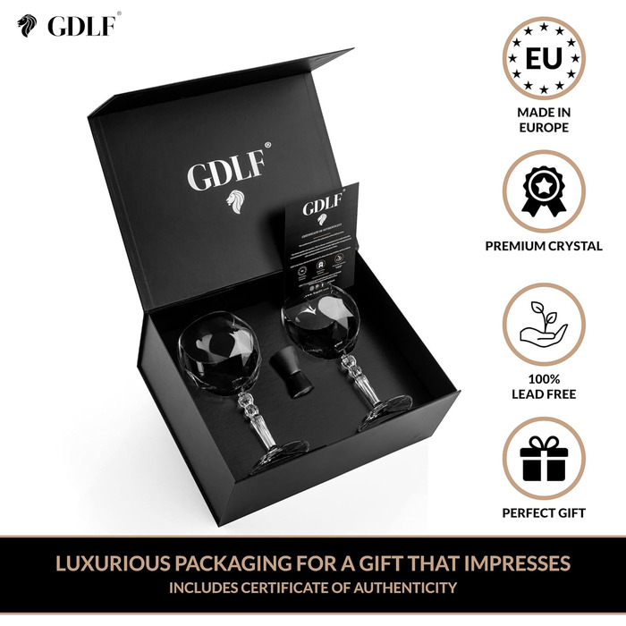 GDLF® Gin Glass Set made of high-quality crystal - Handcrafted - 2 Gin Tonic glasses & double-sided bar measure Black, Aperol spritz glasses, cocktail glasses, Made in Italy