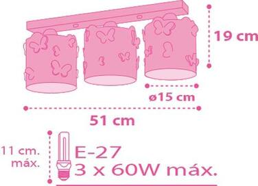 Ceiling light, 3-light, Design: Butterfly, 51 x 15 x 19 cm, Pink