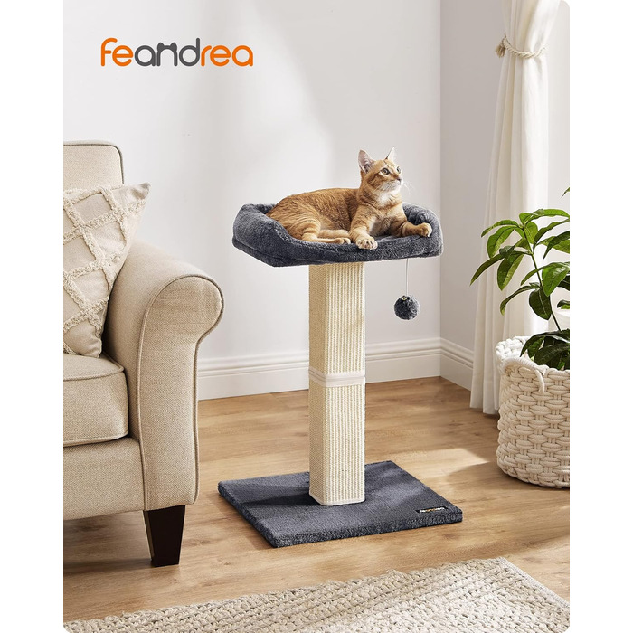 Feandrea Cat Tree, Cat Tower with 40 x 30 cm Plush Platform, Scratch Post, Cat Scratching Post, 71 cm High, Sisal-Wrapped Scratching Post, 45 x 40 cm Base, with Plush Ball, PCA022W01 (Dark Grey)