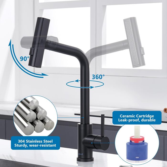 Чорний кухонний змішувач з висувною лійкою, водоспад, високий тиск, 3 режими, поворотний на 360°, з нержавіючої сталі, матовий, для кухні