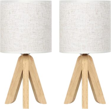 Настільна лампа LIANTRAL 2 шт., Сучасна лампа на ніжці, з абажуром з льону та дерев'яним каркасом, E27, для спальні, вітальні, гуртожитку, кремового кольору