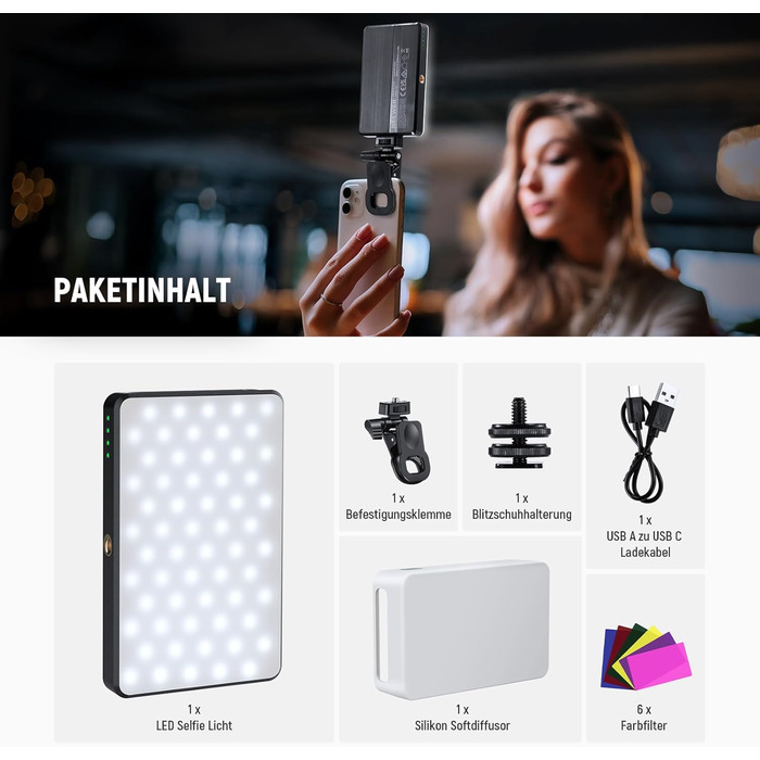 NEEWER LED світло для селфі та татуювань BL120B - сумісне з iPhone, з кліпсою, CPL фільтром, штативом та тримачем для телефону, для фото та відео