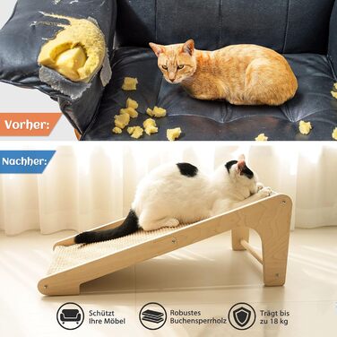 PETKARAY Дряпка для котів, L-подібна дряпка з сизалю, 68 см, 2-в-1, для стіни та кута (з котячою м'ятою, іграшка-мишка), бежевий