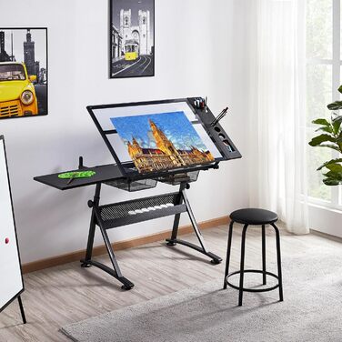 Yaheetech Adjustable Height Drafting Table Set with Tilt-Top, Storage & Stool - Drawing/Art Desk for Artists - Black