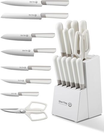Набір кухонних ножів Qianying з блоком: 14 предметів, нержавіюча сталь, з точилкою, срібний колір, подарунок для мами
