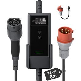 Зарядна станція для електромобілів Dé Mobile 11 кВт (6 м) з регулюванням потужності, кабель CEE 16A на Typ 2, сумісна з Model Y/3, ID.3/4/5, MG4, EX30, e-up, e-tron та BEV/PHEV