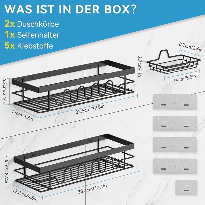 Поличка для душу без свердління, 3-секційний органайзер для душу з регульованими кошиками, нержавіюча сталь - Максимальний простір для зберігання з мильницею та 3 гачками для душу, ванної, кухні, балкону - Підставка для душу без свердління