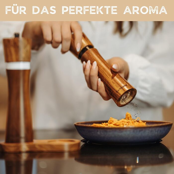 Набір для перцю та солі BAMBUNA з акацієвого дерева - 5 шт. з регульованою керамічною жорна - ручна млинка з підставкою та ложкою - Made in Germany