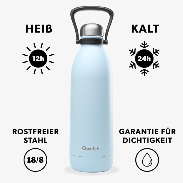 QWETCH 1.5L Stainless Steel & Titanium Thermos Flask - 48H Cold & 16H Hot - Leakproof & BPA-Free Insulated Water Bottle with Handle - Perfect for Camping, Picnics & Family Use (1500ml, Pastel Blue)