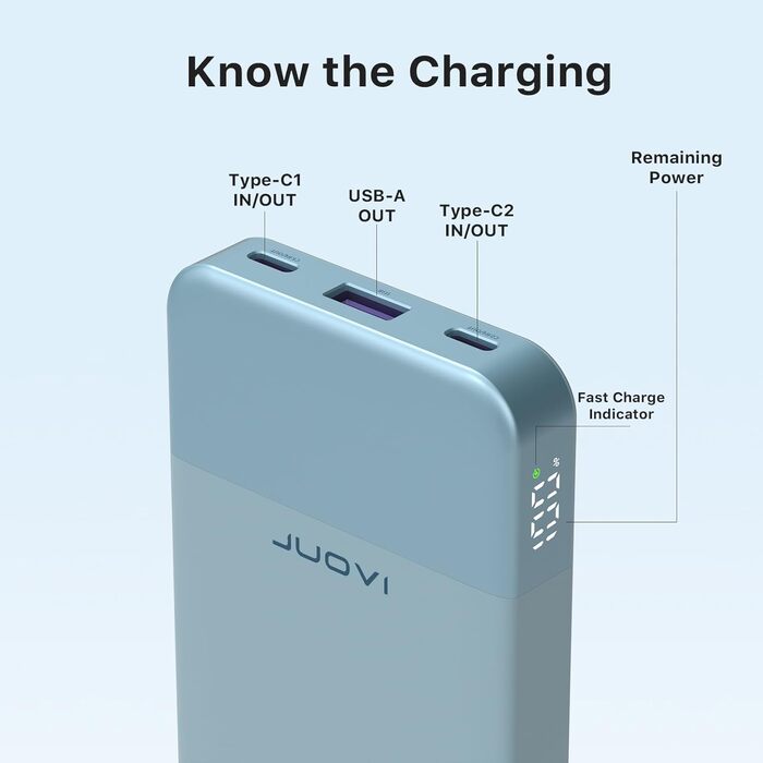 Power Bank JUOVI 10000mAh, 35W з 3 виходами та 2 входами, PD3.0 QC 4.0, цифровий дисплей, для iPhone, MacBook, Samsung, Android (Блакитний)