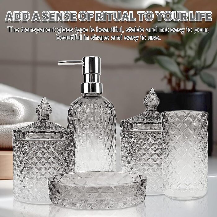 Набір аксесуарів для ванної кімнати зі скла (5 шт.) - чорний: мильниця, диспенсер для мила, тримач для зубних щіток, контейнер для ватних паличок, стакан