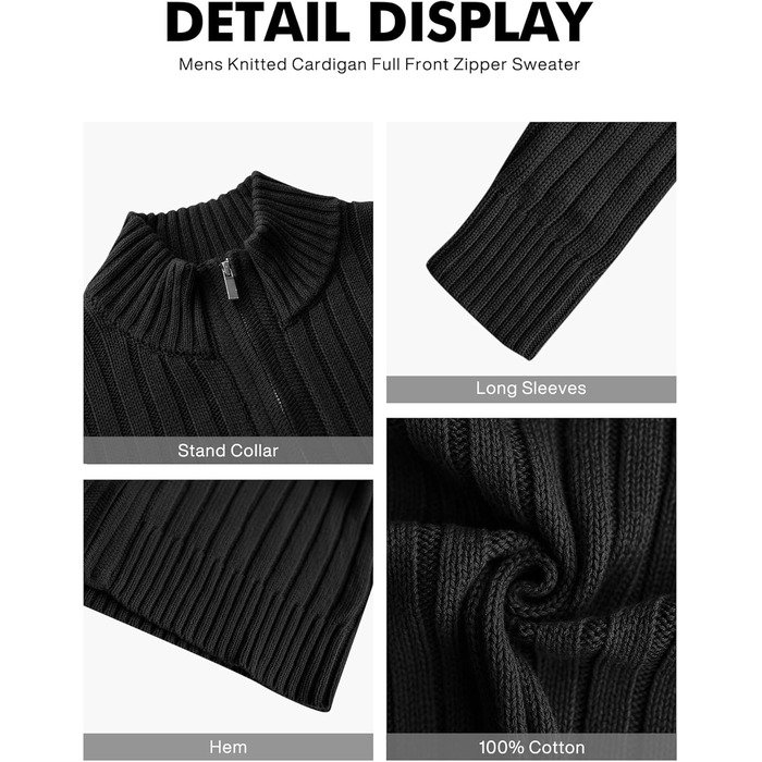 Чоловічий в'язаний кардиган NITAGUT з капюшоном, теплий, з блискавкою, в'язаний пуловер, вінтажний, в'язаний, чорний (M)