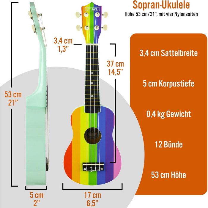 Укулеле 3rd Avenue Sopran 54 см (21 дюйм) – Початковий набір, сумка, підставка, ремінь, струни, медіатори та наклейки на гриф – Натуральний колір. Безкоштовні онлайн-уроки для початківців. Комплект включає інструмент та кольорові наклейки на гриф.